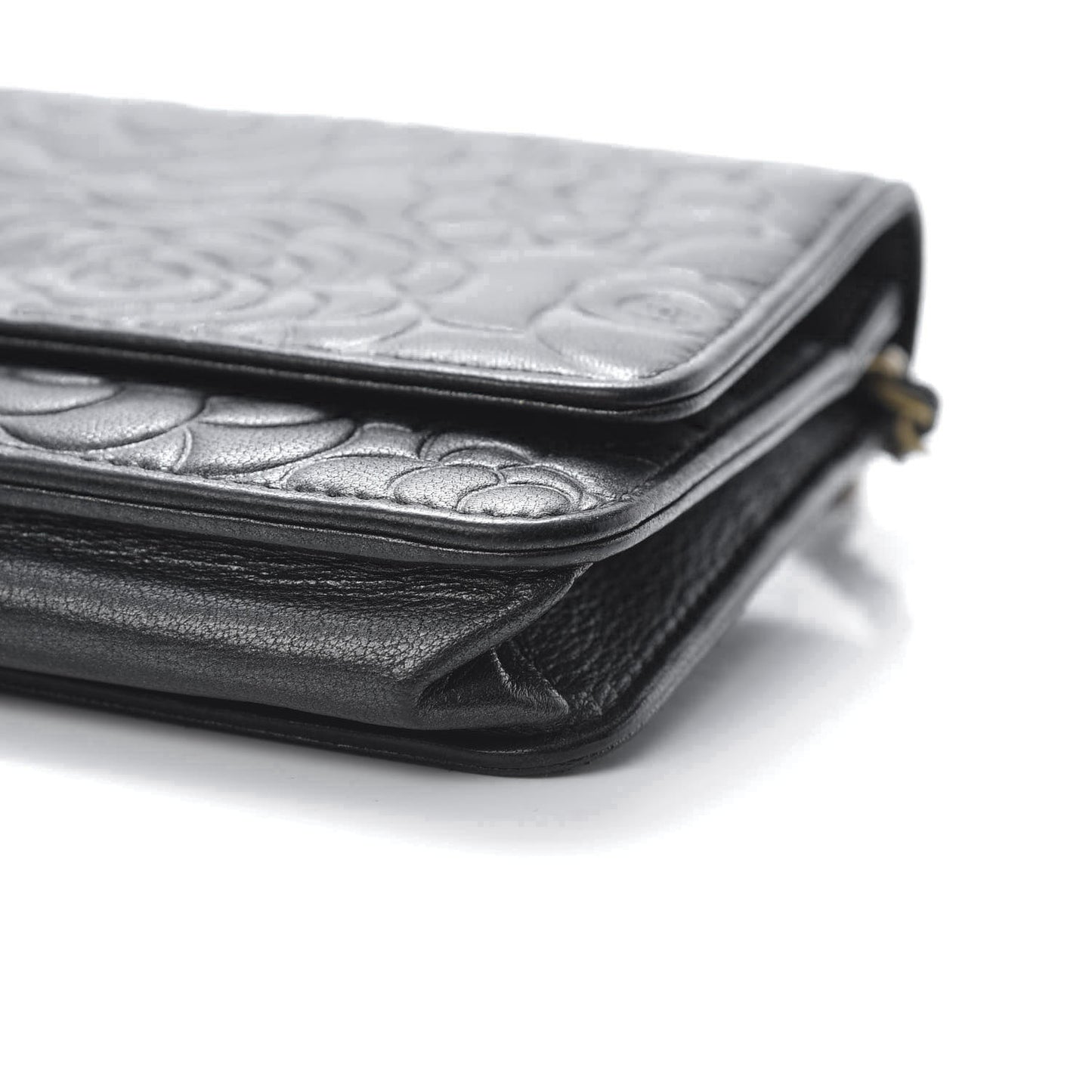 Lambskin Camellia Embossed Wallet on Chain WOC Black