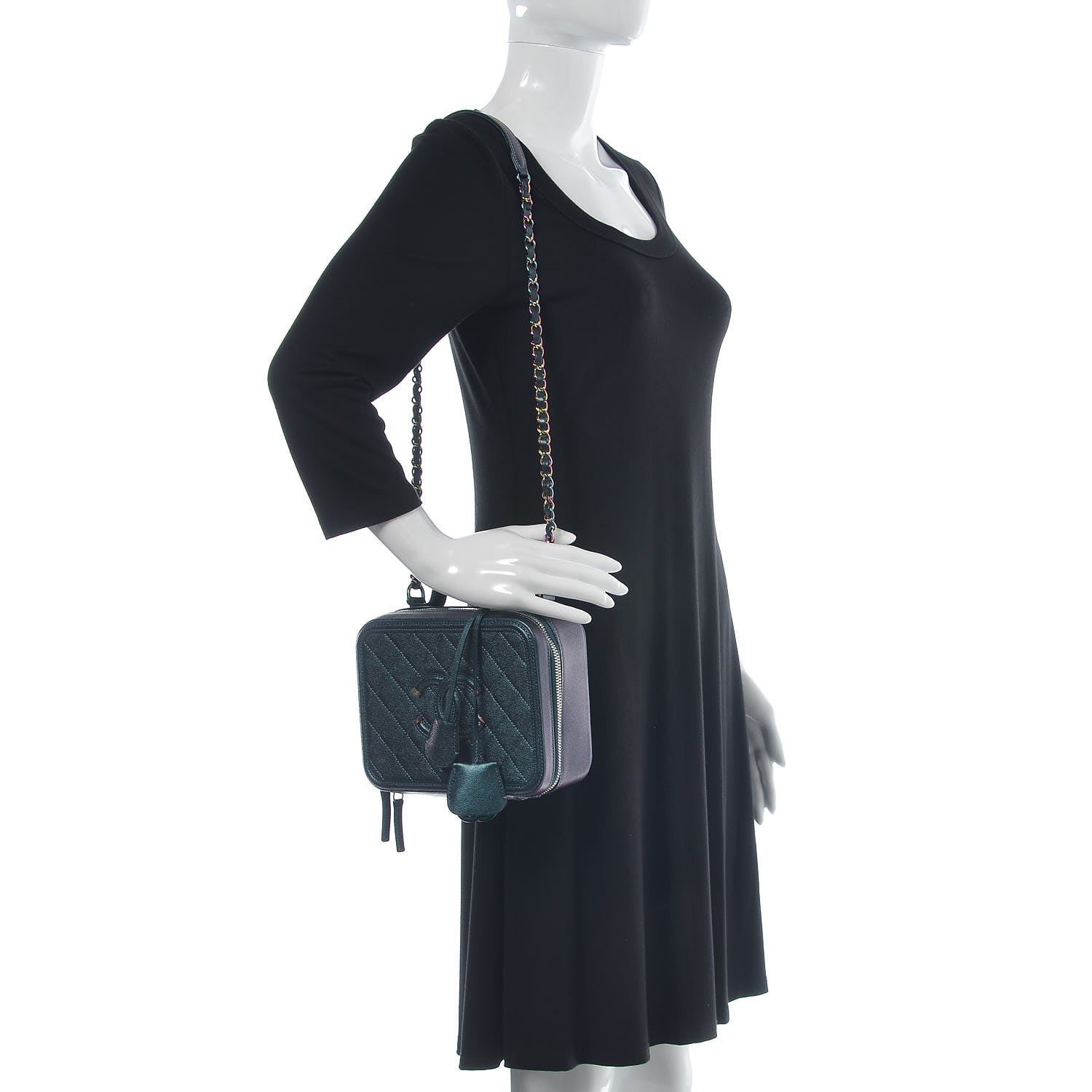 Chanel Iridescent Caviar Quilted Medium CC Filigree Vanity Case Dark Turquoise 2 of 8