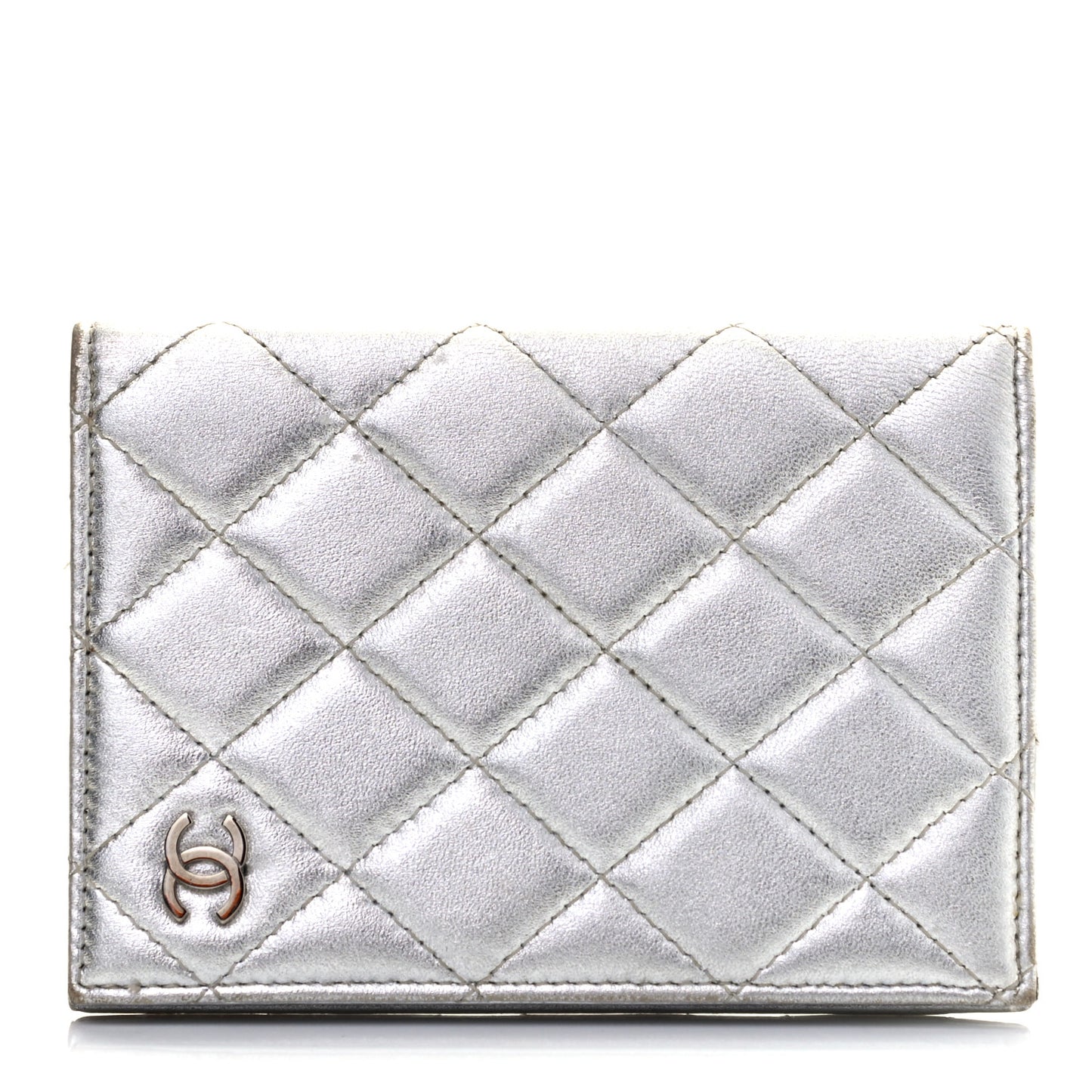 Metallic Lambskin Quilted Passport Holder Silver