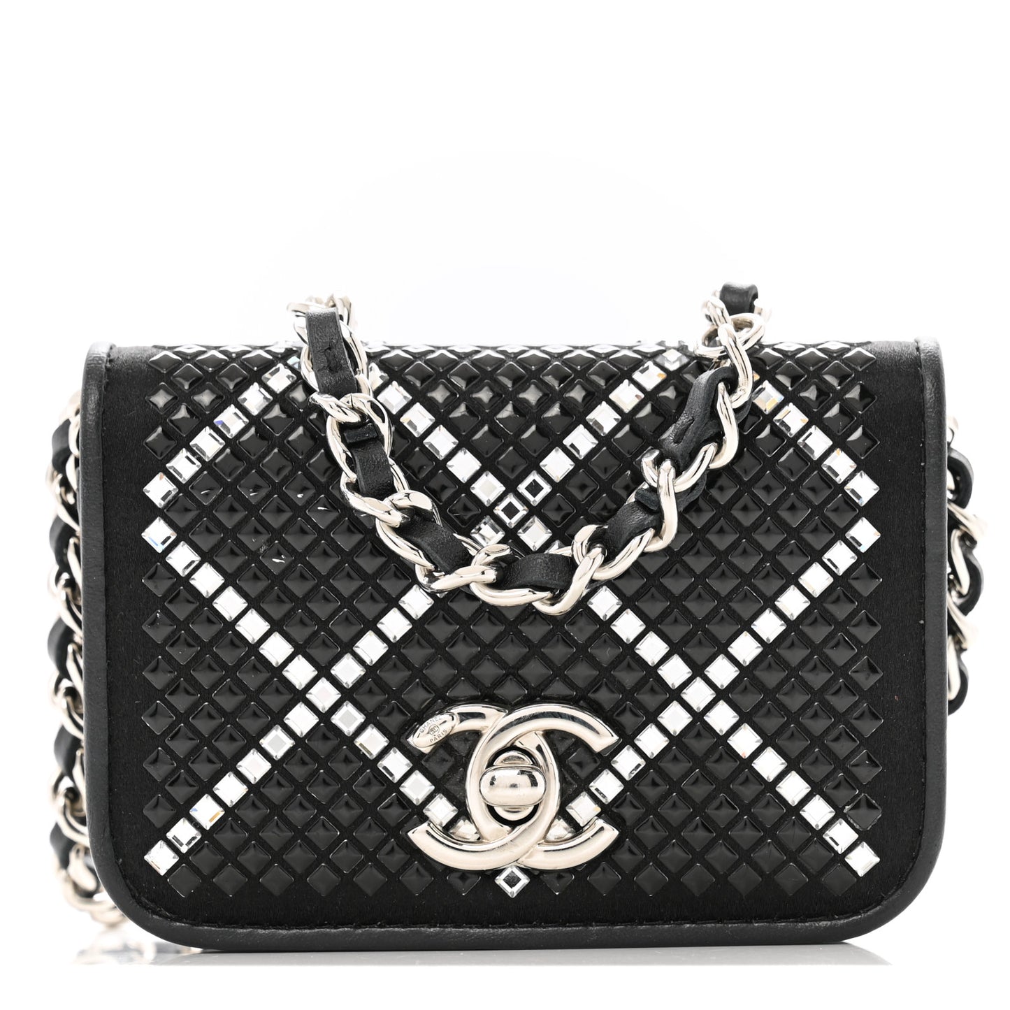 Lambskin Crystal Quilted Mini Chain Belt Bag Black