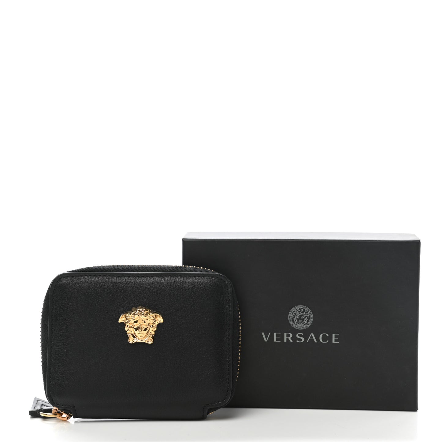 Calfskin Medusa Compact Zip Around Wallet Black