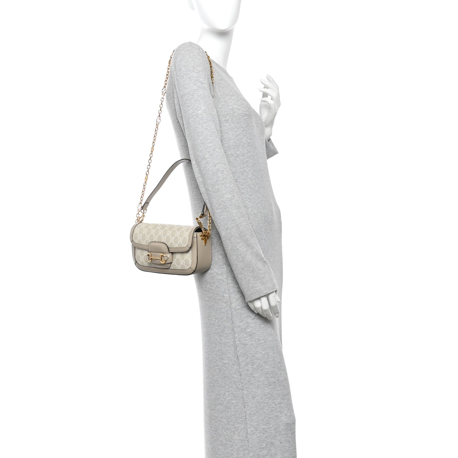 Gucci GG Supreme Monogram Small Horsebit 1955 Chain Shoulder Bag Beige Mystic White 2 of 13
