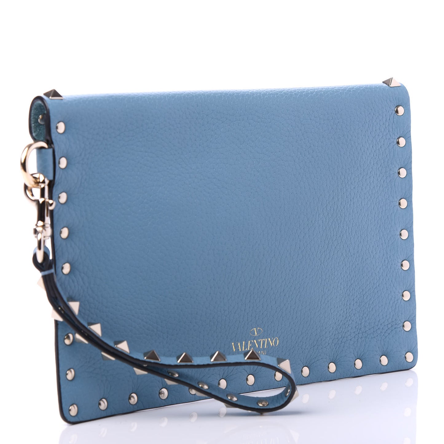 Pebbled Calfskin Medium Rockstud Envelope Flat Wristlet Pouch Atlantique