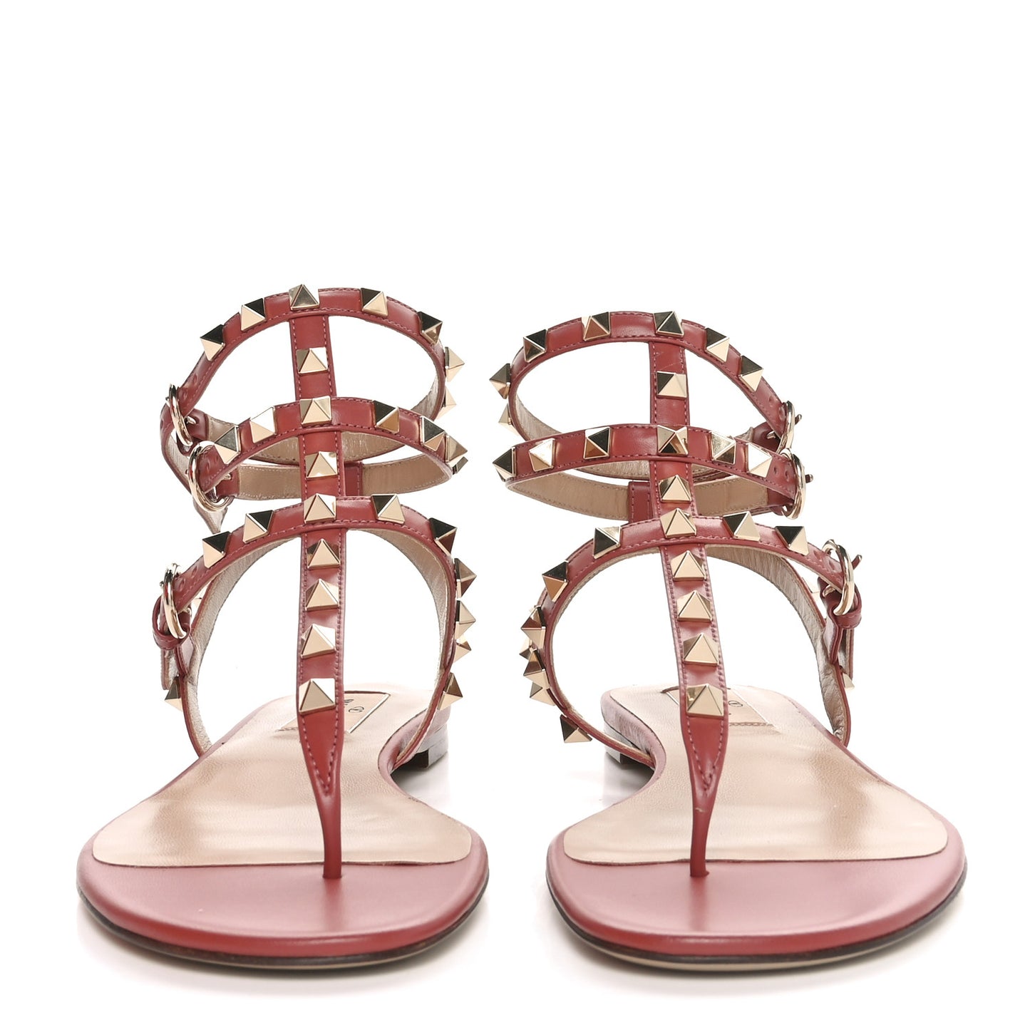 Calfskin Nappa Rockstud Ankle Wrap Flat Thong Sandals 36.5 Ginger