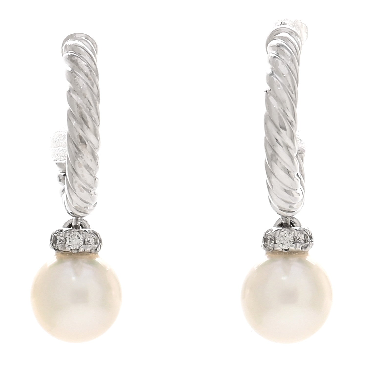 David Yurman 18K White Gold Diamond Pearl 9mm Solari Drop Earrings 1 of 5