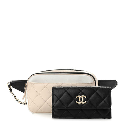 Chanel Goatskin Quilted Waist Bag Beige White Black 1 of 17