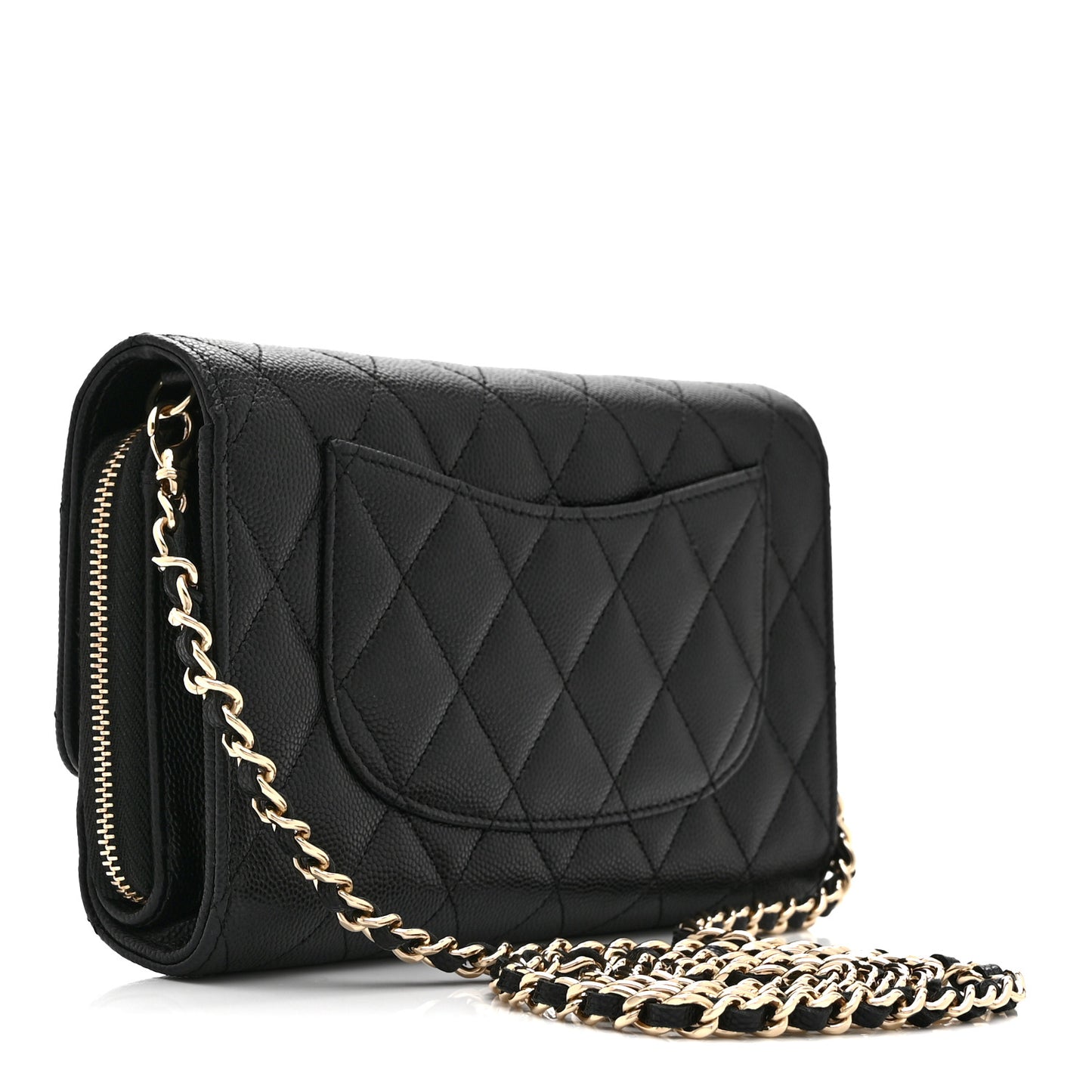 Caviar Quilted Phone Holder Wallet on Removable Chain Black