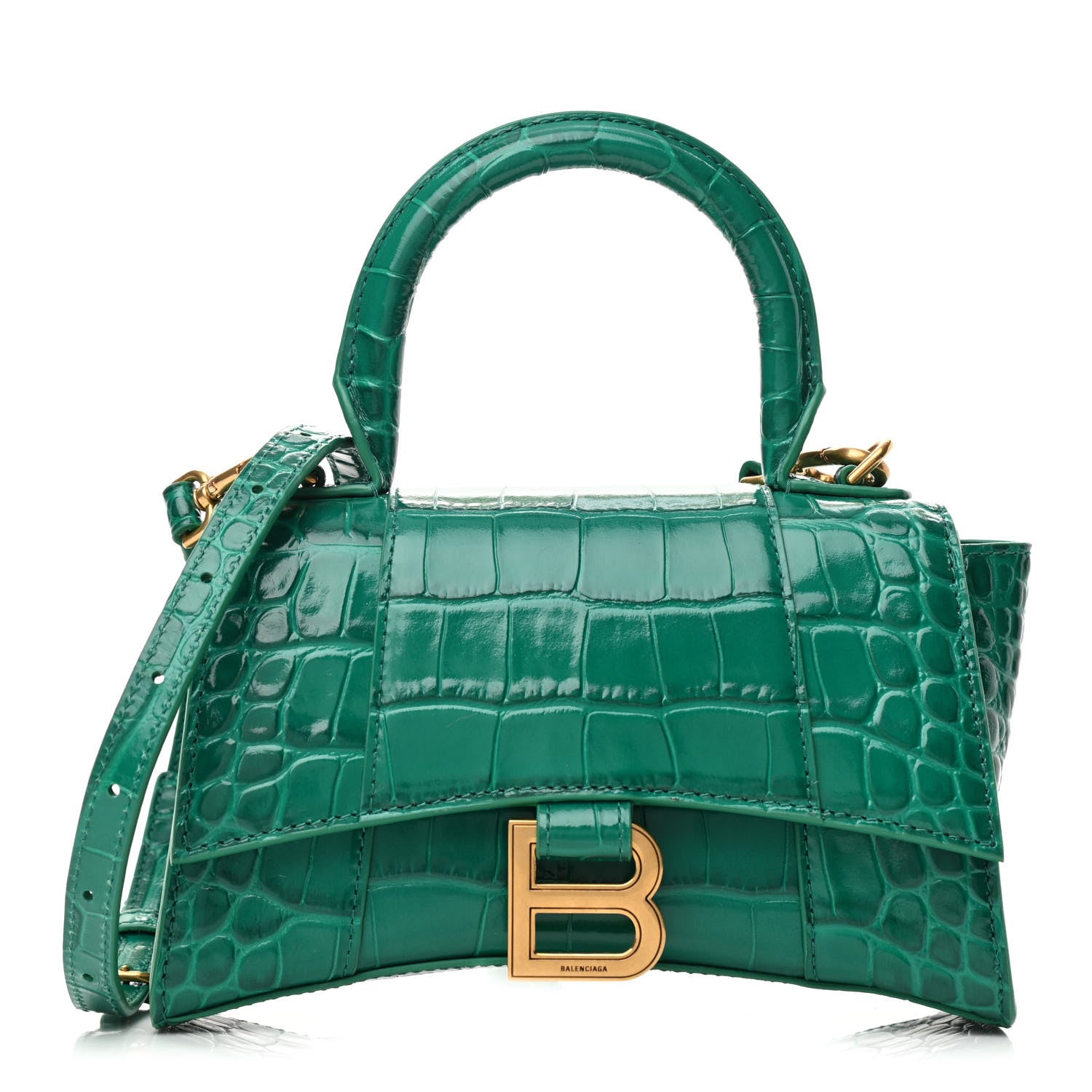 Balenciaga Shiny Calfskin Crocodile Embossed Hourglass Top Handle Bag XS Jade 1 of 11