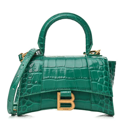 Balenciaga Shiny Calfskin Crocodile Embossed Hourglass Top Handle Bag XS Jade 1 of 11