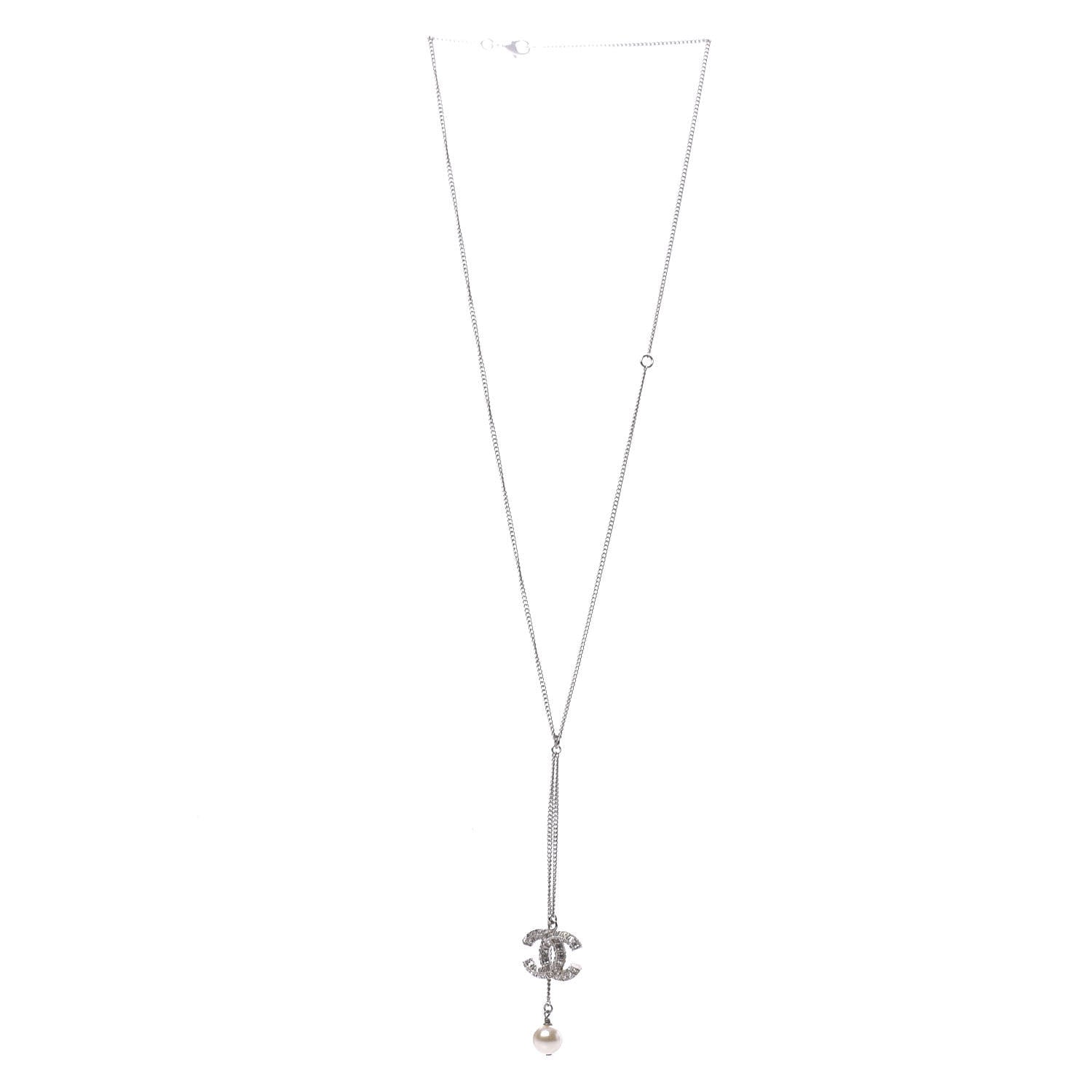 Chanel Baguette Crystal Pearl CC Lariat Necklace Silver 3 of 7