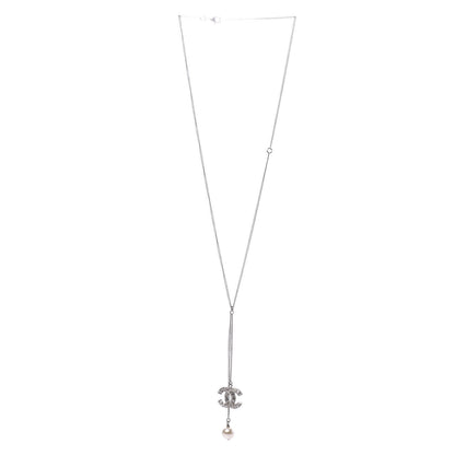 Chanel Baguette Crystal Pearl CC Lariat Necklace Silver 3 of 7