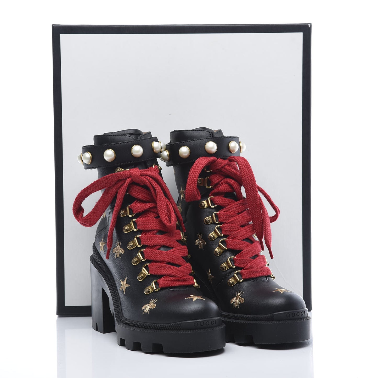 Calfskin Embroidered Lace Up Combat Ankle Boots 36 Black