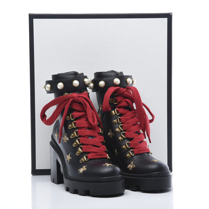 Gucci Calfskin Embroidered Lace Up Combat Ankle Boots 36 Black 9 of 9