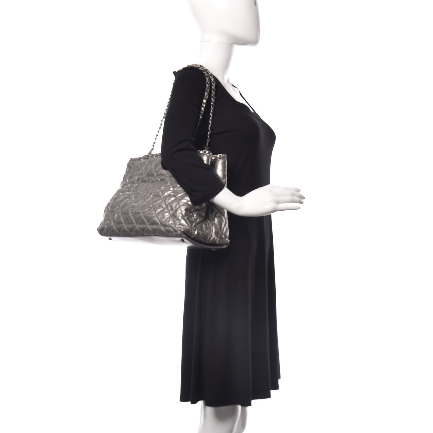 Metallic Aged Calfskin Quilted Small Chain Me Tote Silver