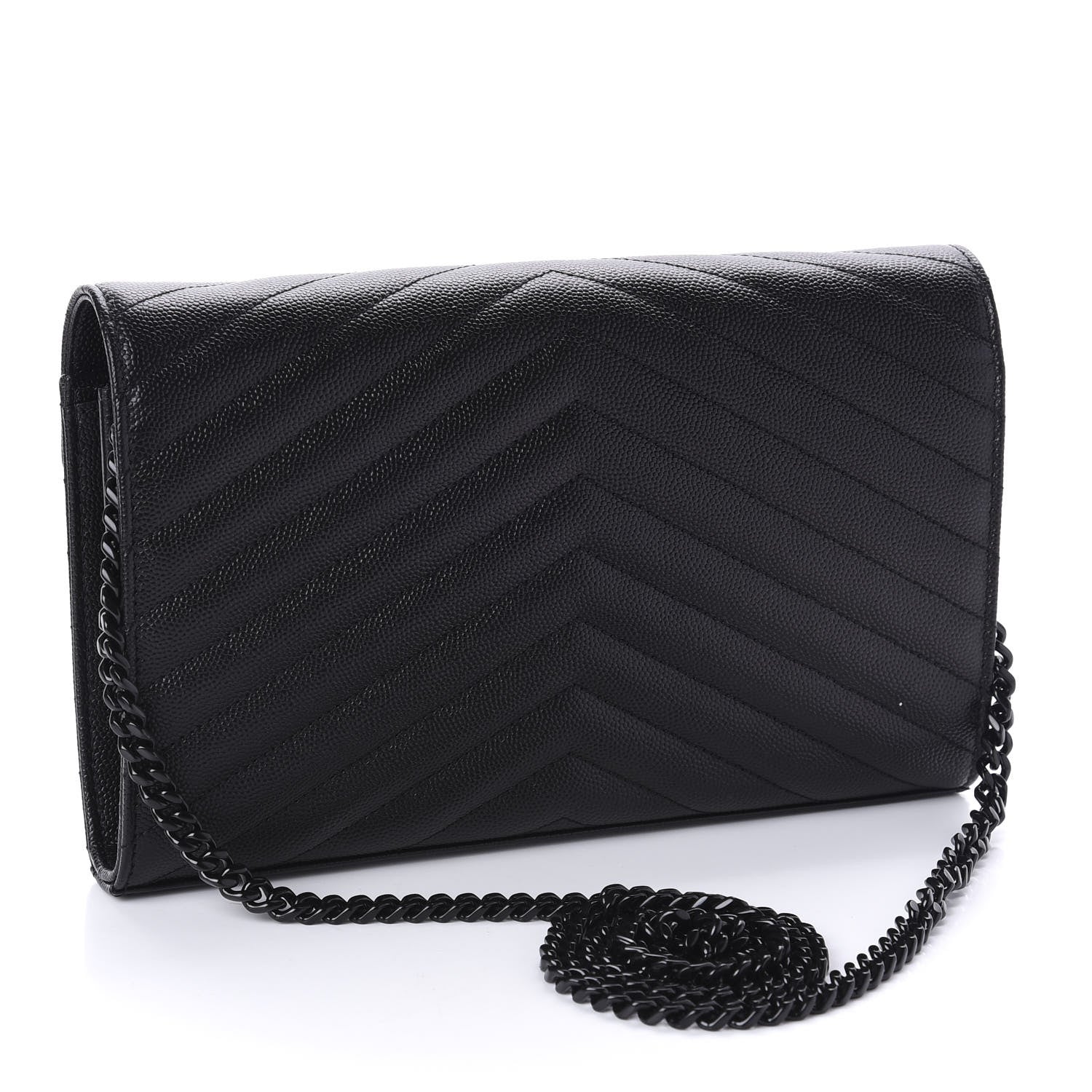 Saint Laurent Grain De Poudre Matelasse Chevron Monogram Chain Wallet Black 3 of 11