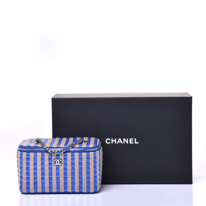 Chanel Raffia Jute Striped Small Vanity Case With Chain Blue Beige 10 of 10