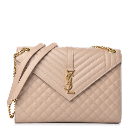 Saint Laurent Grain De Poudre Mixed Matelasse Large Triquilt Monogram Satchel Dark Beige 1 of 8