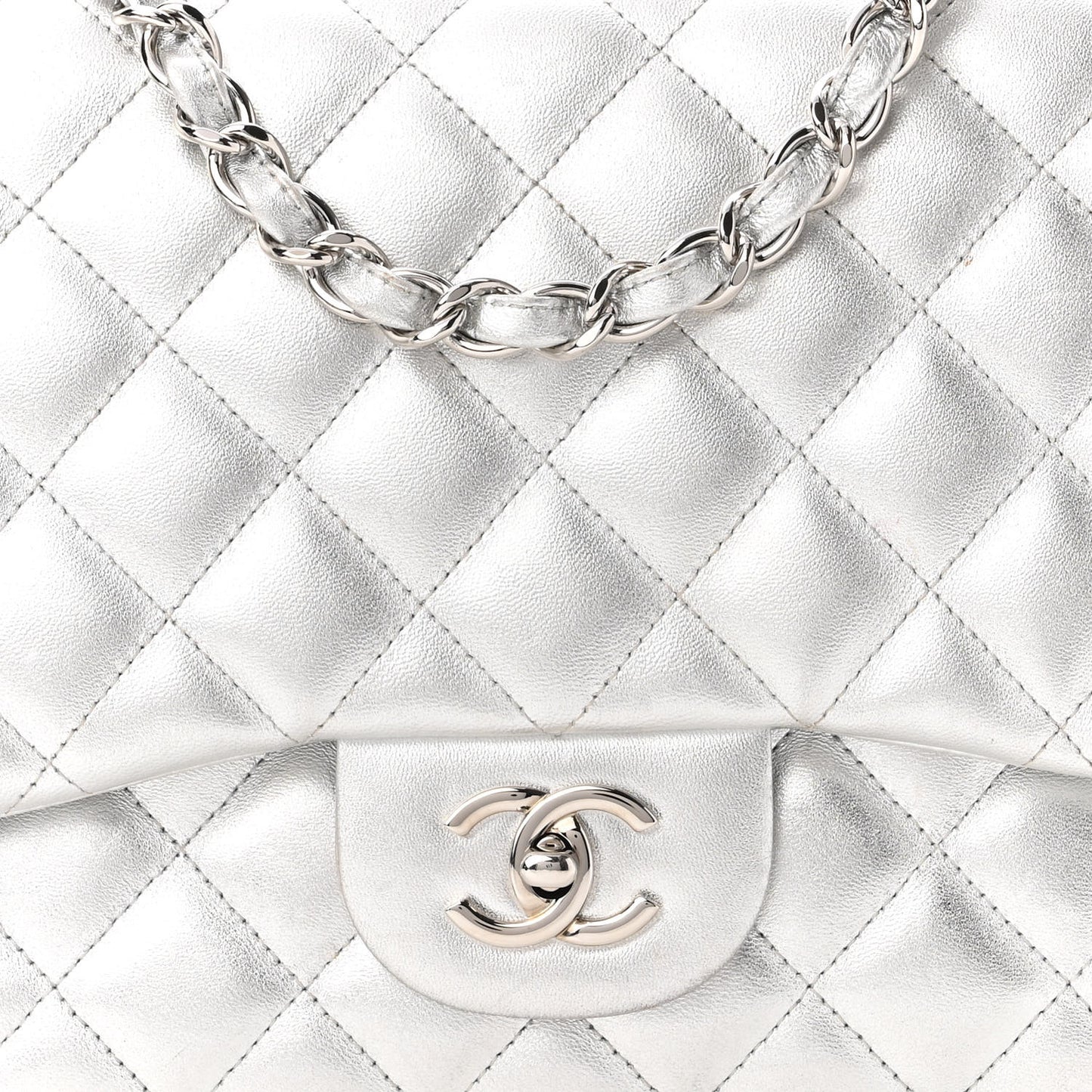 Metallic Lambskin Quilted Jumbo Single Flap Silver