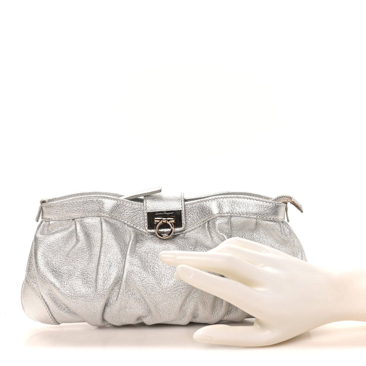 Salvatore Ferragamo Metallic Calfskin Small Gancini Clutch Silver 5 of 16