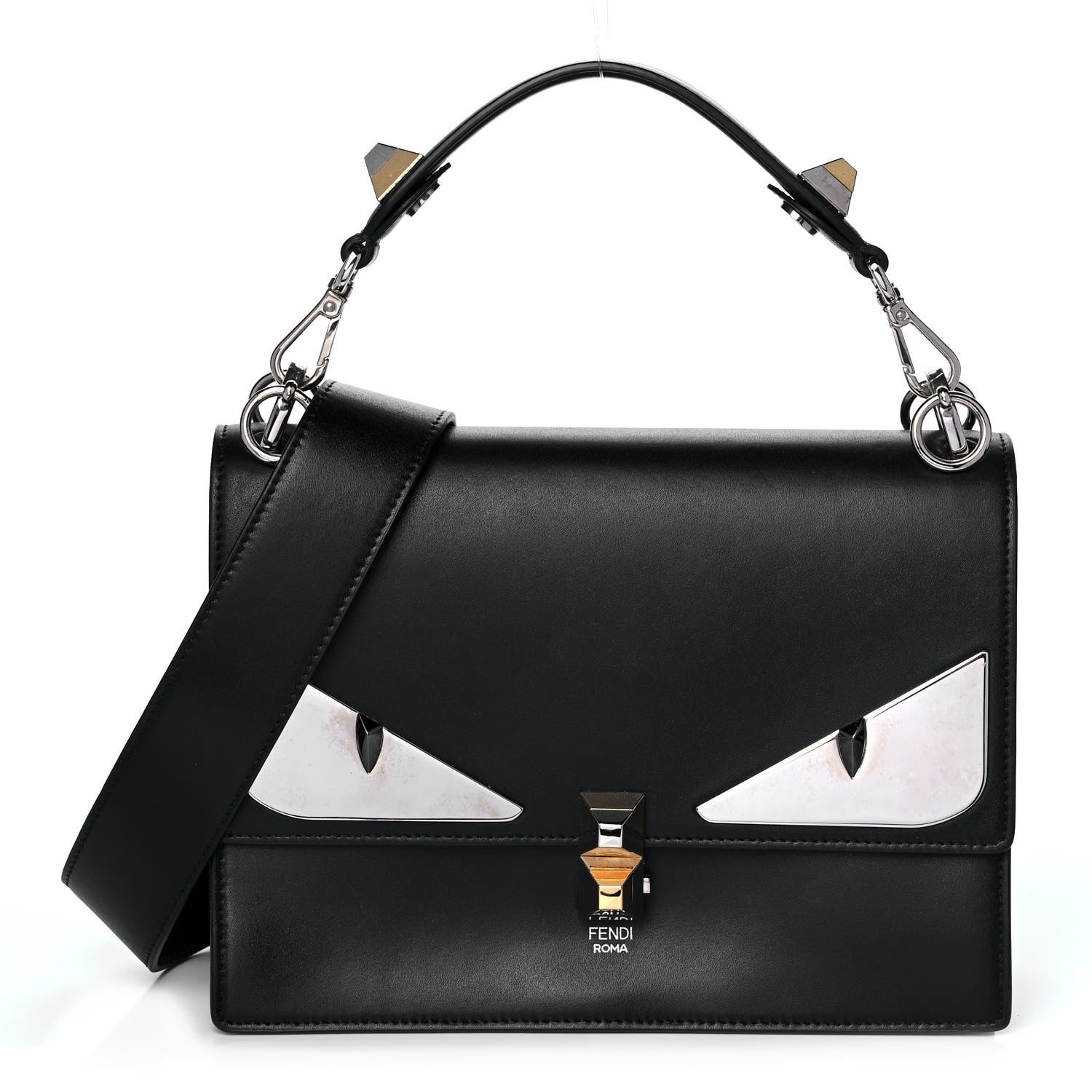 Fendi Vitello Liberty Lucido Metal Monster Eyes Studded Kan I Shoulder Bag Black 1 of 18