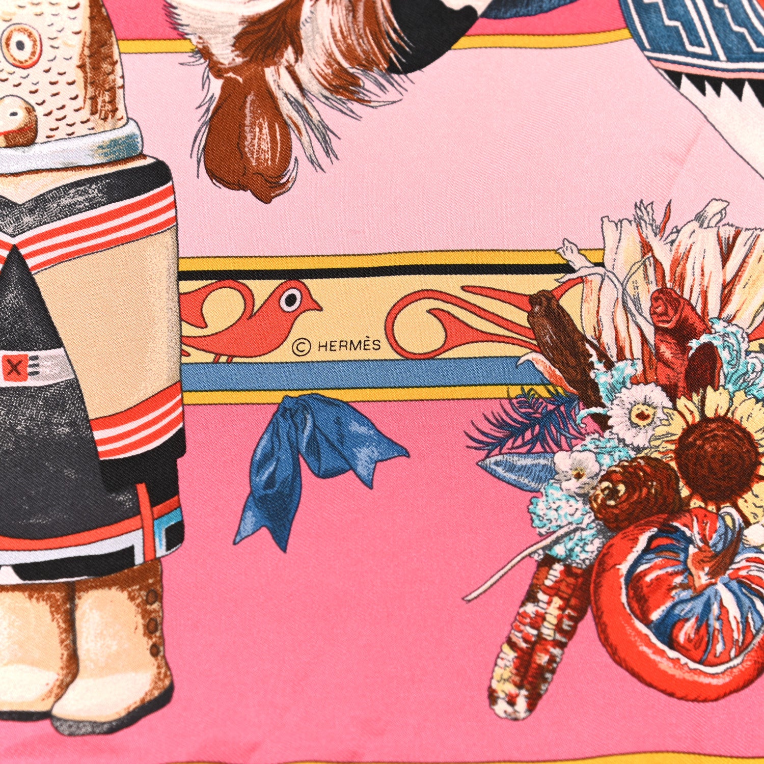 Hermes Silk Kachinas Wash Scarf 90 Rose Bleu Corail 4 of 6