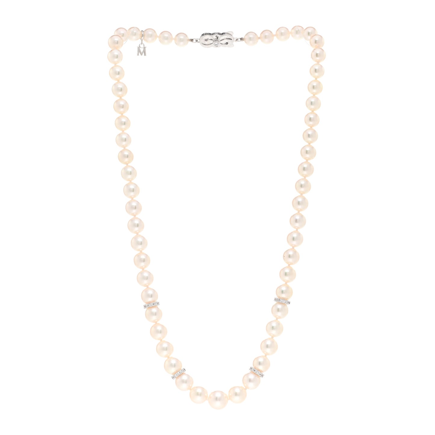 18K White Gold Diamond Akoya Pearl 7-7.5mm Strand Rondelle Necklace