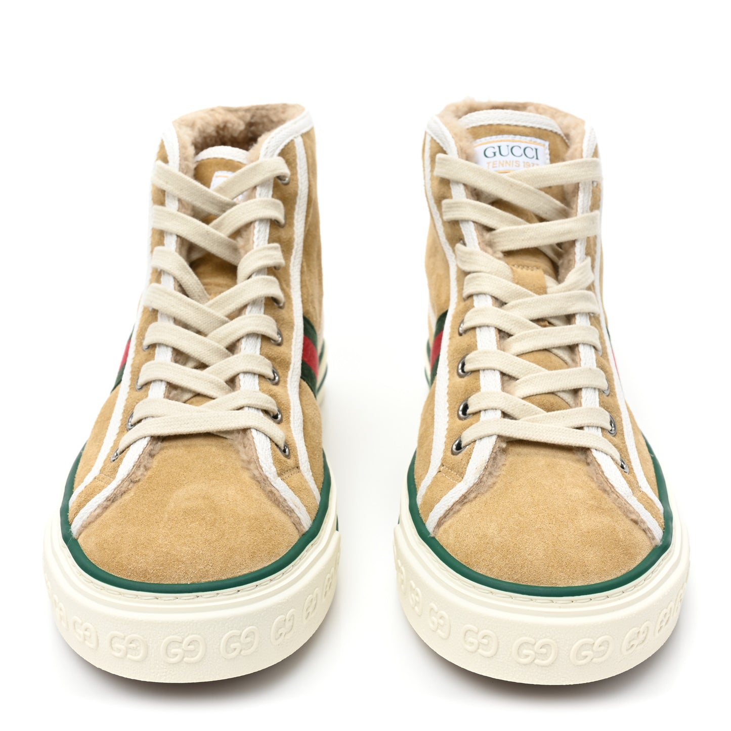Suede Shearling Web GG Monogram Embossed Womens 1977 Tennis High Top Sneakers 38.5 Butterscotch Mystic White
