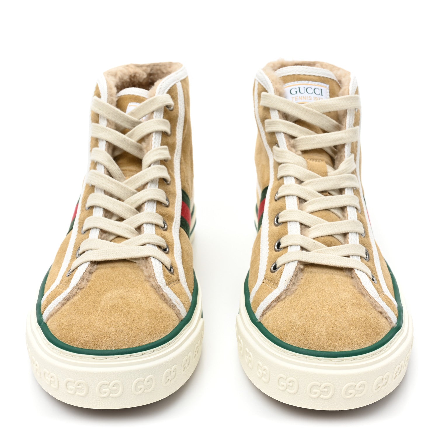 Gucci Suede Shearling Web GG Monogram Embossed Womens 1977 Tennis High Top Sneakers 38.5 Butterscotch Mystic White 2 of 8