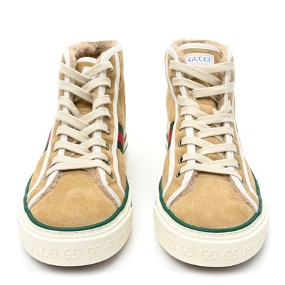Gucci Suede Shearling Web GG Monogram Embossed Womens 1977 Tennis High Top Sneakers 38.5 Butterscotch Mystic White 2 of 8