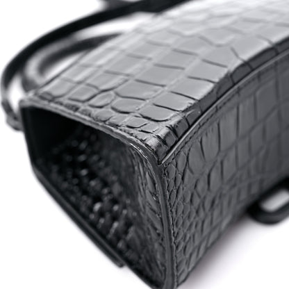 Balenciaga Calfskin Graffiti Logo Monochrome Crocodile Embossed Hourglass Top Handle Bag XS Black 9 of 16