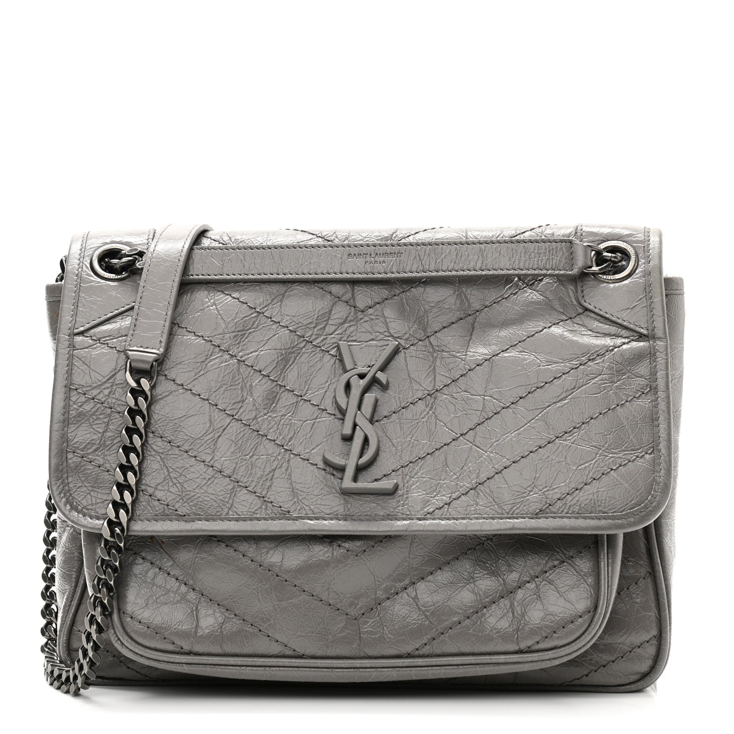 Crinkled Calfskin Matelasse Monogram Medium Niki Chain Satchel Fog