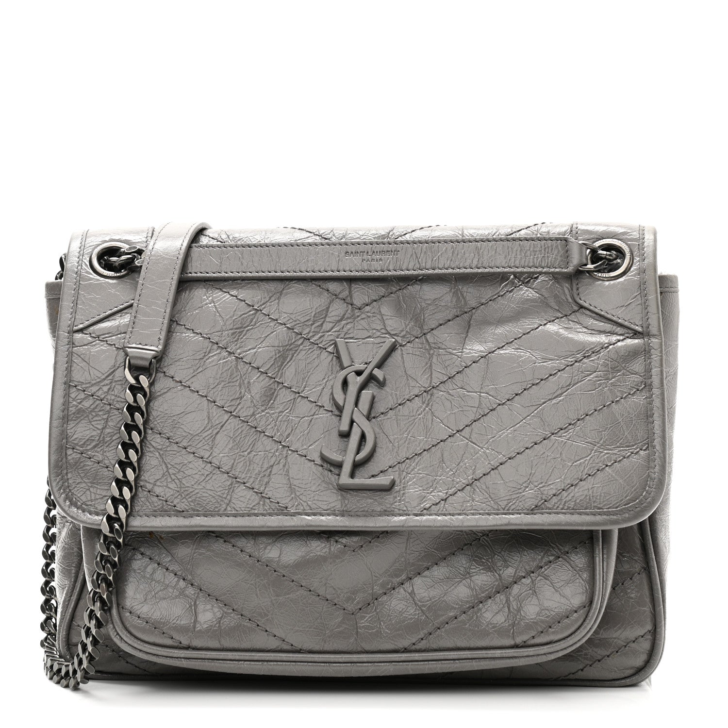 Saint Laurent Crinkled Calfskin Matelasse Monogram Medium Niki Chain Satchel Fog 1 of 13