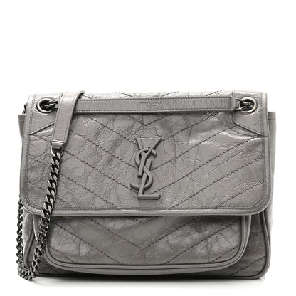 Saint Laurent Crinkled Calfskin Matelasse Monogram Medium Niki Chain Satchel Fog 1 of 13