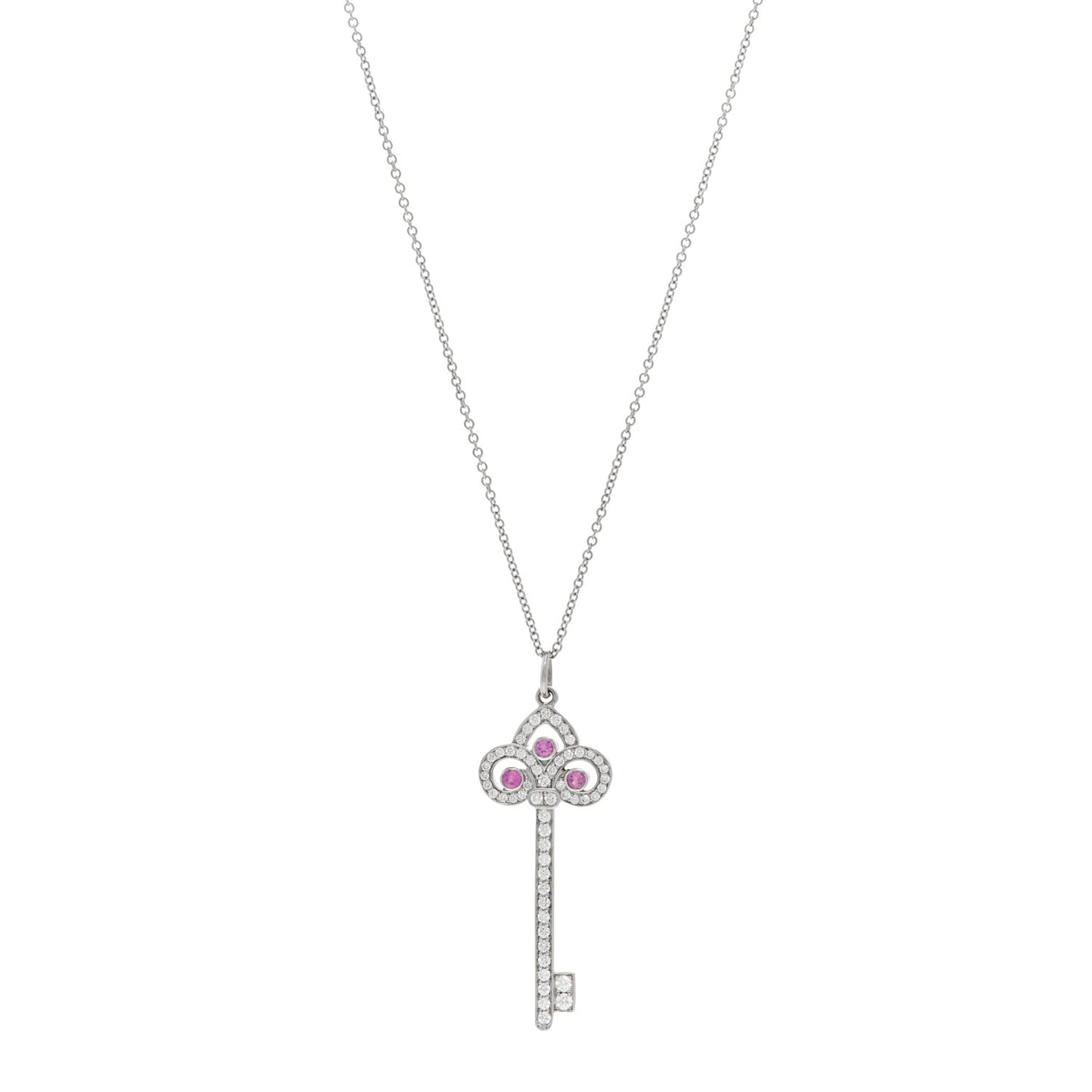 Platinum Diamond Pink Sapphire Fleur De Lis Key Pendant Necklace