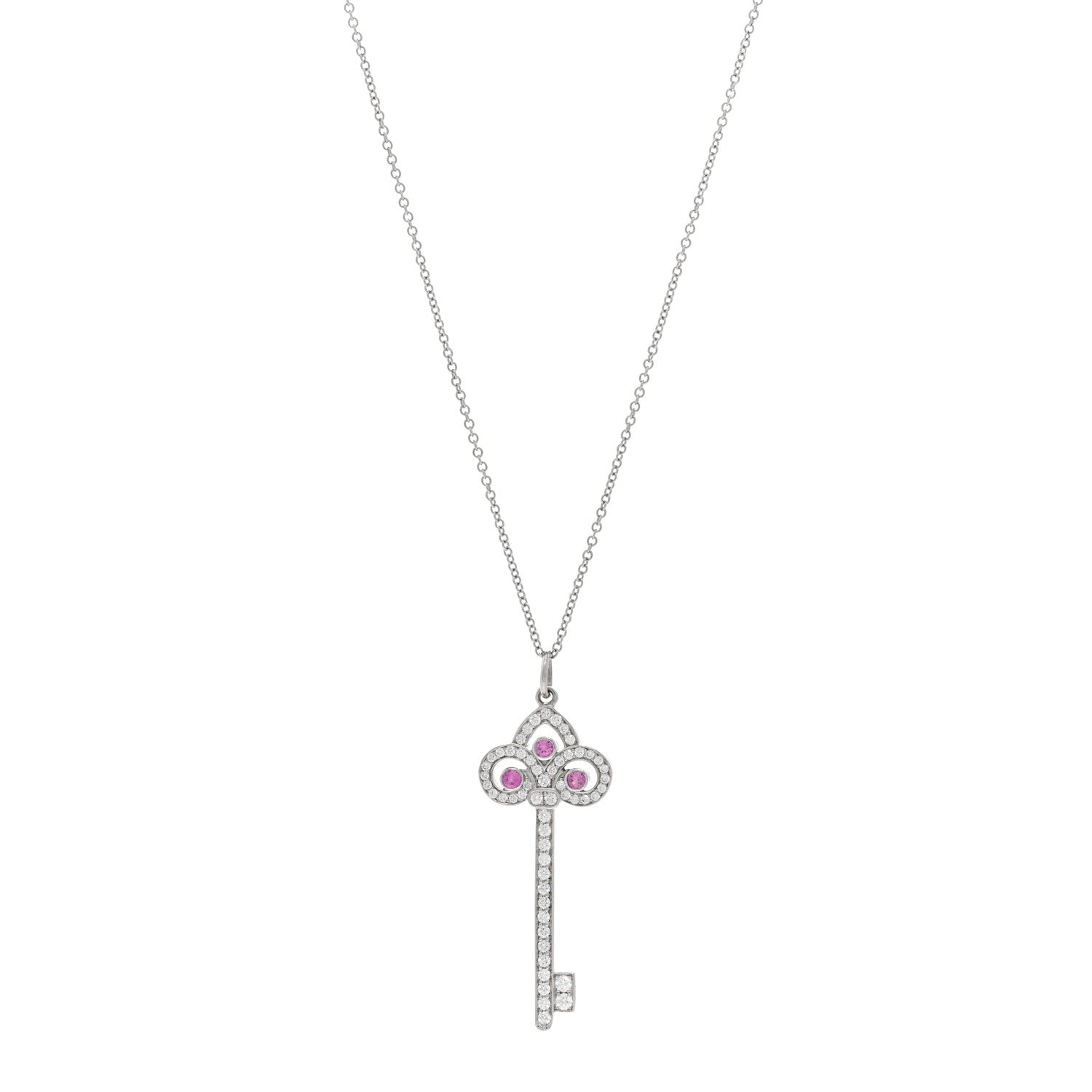 Tiffany Platinum Diamond Pink Sapphire Fleur De Lis Key Pendant Necklace 1 of 5