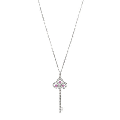 Tiffany Platinum Diamond Pink Sapphire Fleur De Lis Key Pendant Necklace 1 of 5