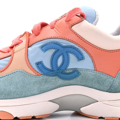 Chanel Nylon Lambskin Suede Calfskin CC Sneakers 38.5 Coral Light Blue White 8 of 18