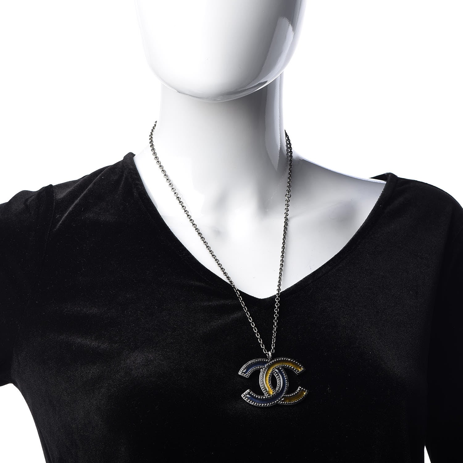 Chanel Ruthenium Enamel CC Pendant Necklace Blue Yellow 3 of 7