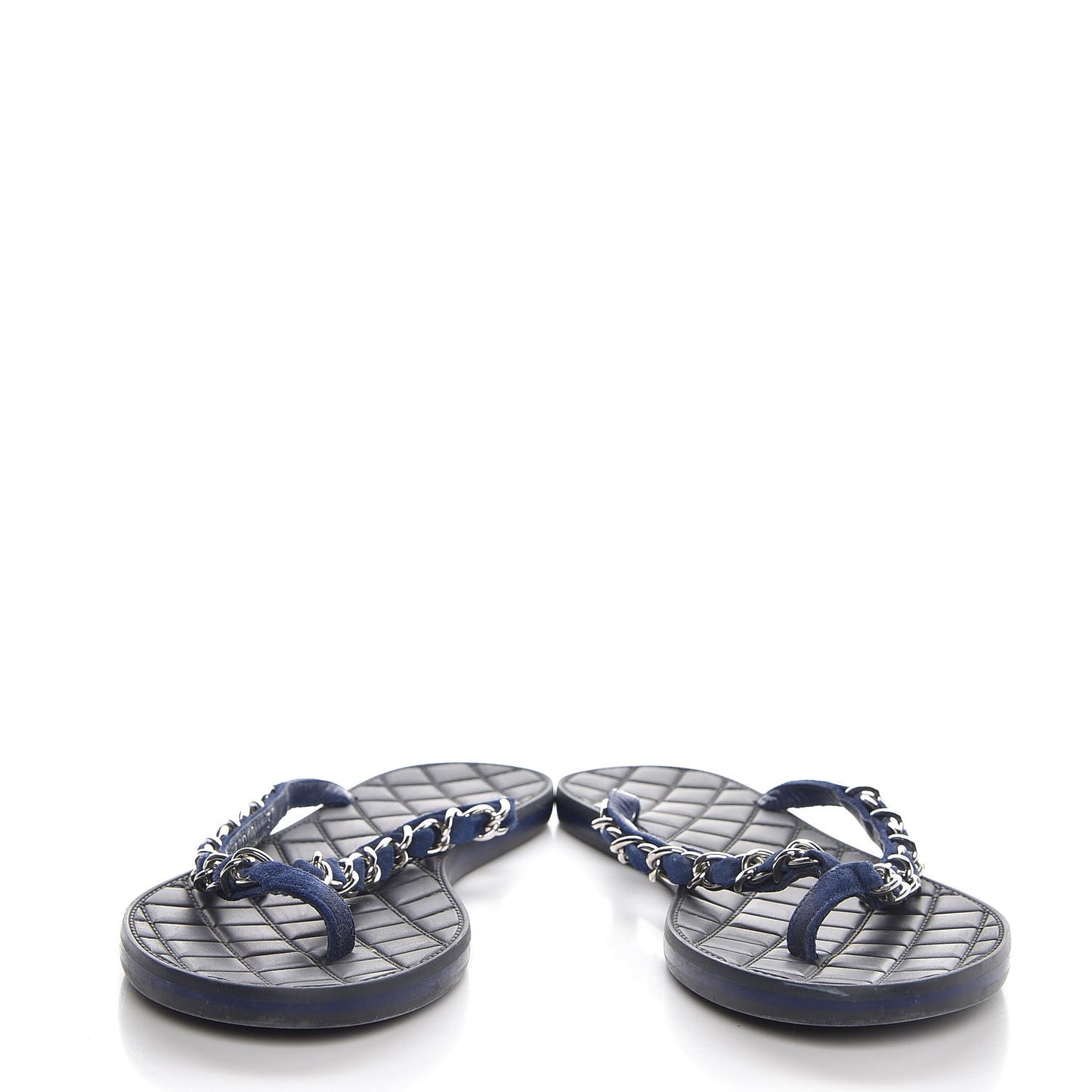 Suede Calfskin Quilted Chain Thong Sandals 38 Navy Blue