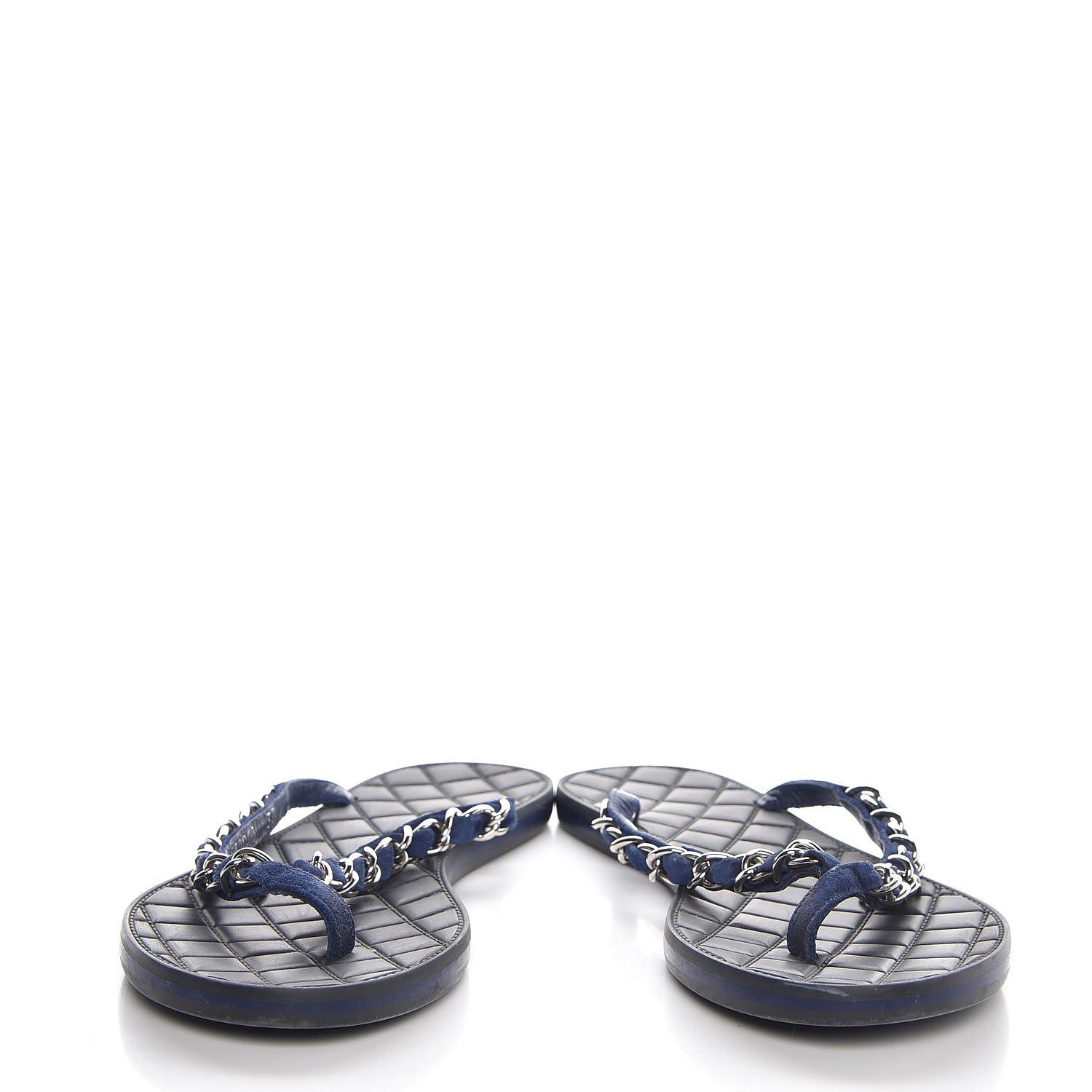 Chanel Suede Calfskin Quilted Chain Thong Sandals 38 Navy Blue 5 of 9