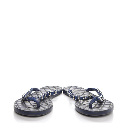 Chanel Suede Calfskin Quilted Chain Thong Sandals 38 Navy Blue 5 of 9