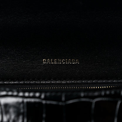 Balenciaga Shiny Calfskin Crocodile Embossed Small Hourglass Top Handle Bag Black 6 of 14