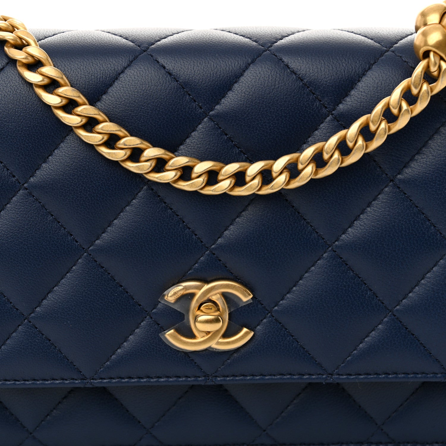 Chanel Lambskin Quilted Sweet Camellia Wallet On Chain WOC Navy Blue 9 of 11
