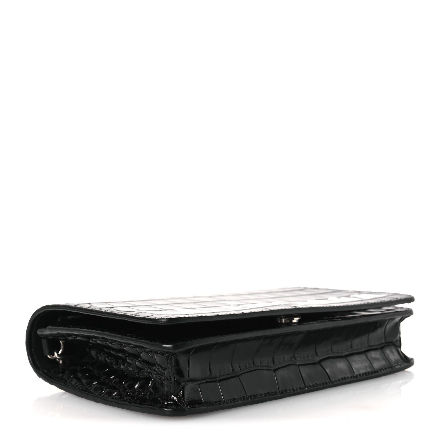 Balenciaga Shiny Calfskin Logo Crocodile Embossed Ville Wallet on Chain Black 4 of 13