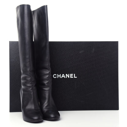 Chanel Calfskin Pearl Knee High Boots 37 Black 11 of 12