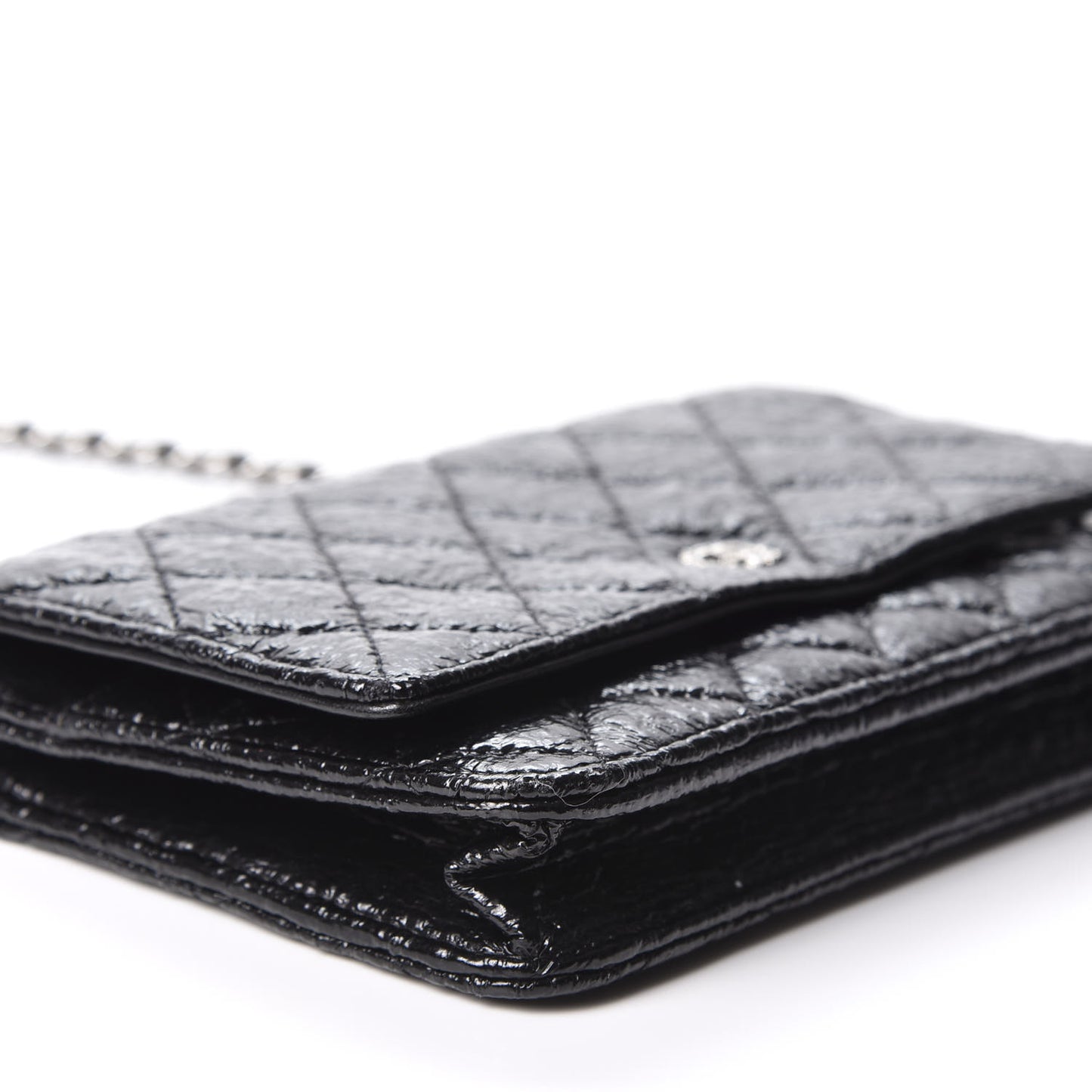 Distressed Patent Calfskin Quilted Wallet on Chain WOC Black