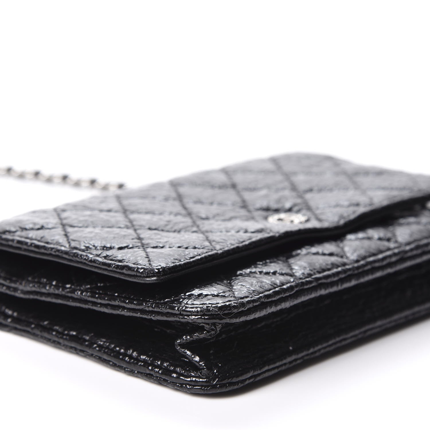 Chanel Distressed Patent Calfskin Quilted Wallet on Chain WOC Black 5 of 11