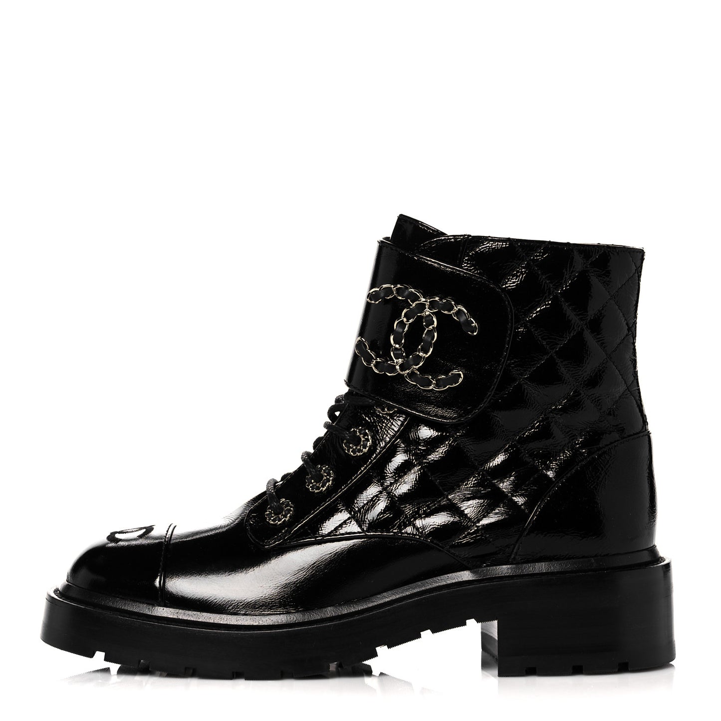 Shiny Calfskin Quilted Lace Up Combat Boots 38 Black