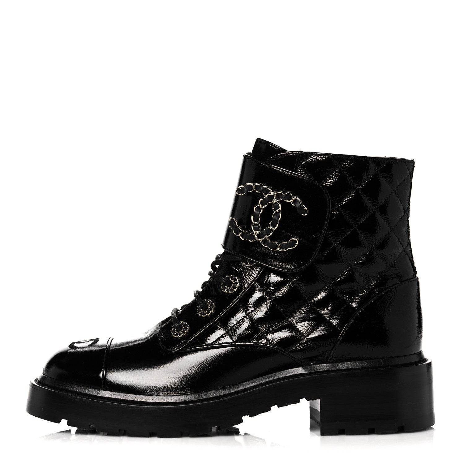 Chanel Shiny Calfskin Quilted Lace Up Combat Boots 38 Black 1 of 9