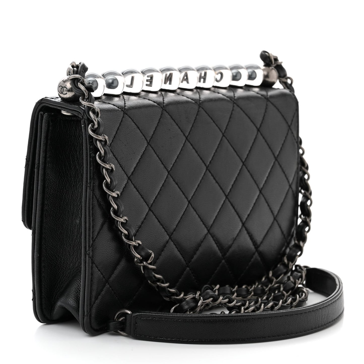 Lambskin Quilted Small Chic Pearls Flap Black